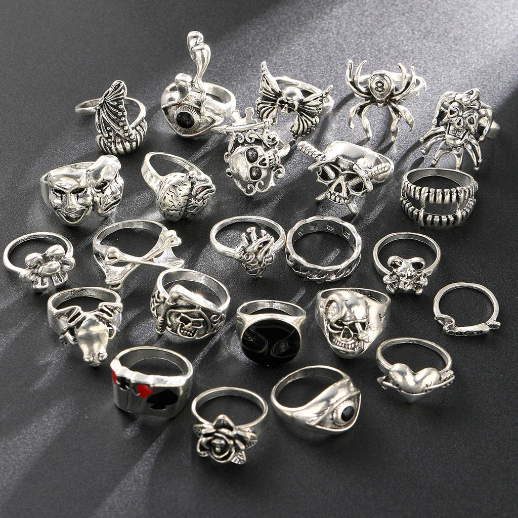 24 Pcs Gothic Skeleton Unisex Ring Set Punk Grunge Butterfly Frog Woman Man Jewelry Hip Hop Party Street Ring Accessories Gift Vera Lux