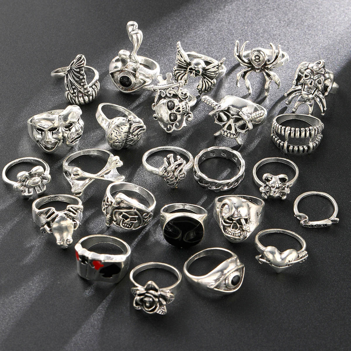 24 Pcs Gothic Skeleton Unisex Ring Set Punk Grunge Butterfly Frog Woman Man Jewelry Hip Hop Party Street Ring Accessories Gift Vera Lux