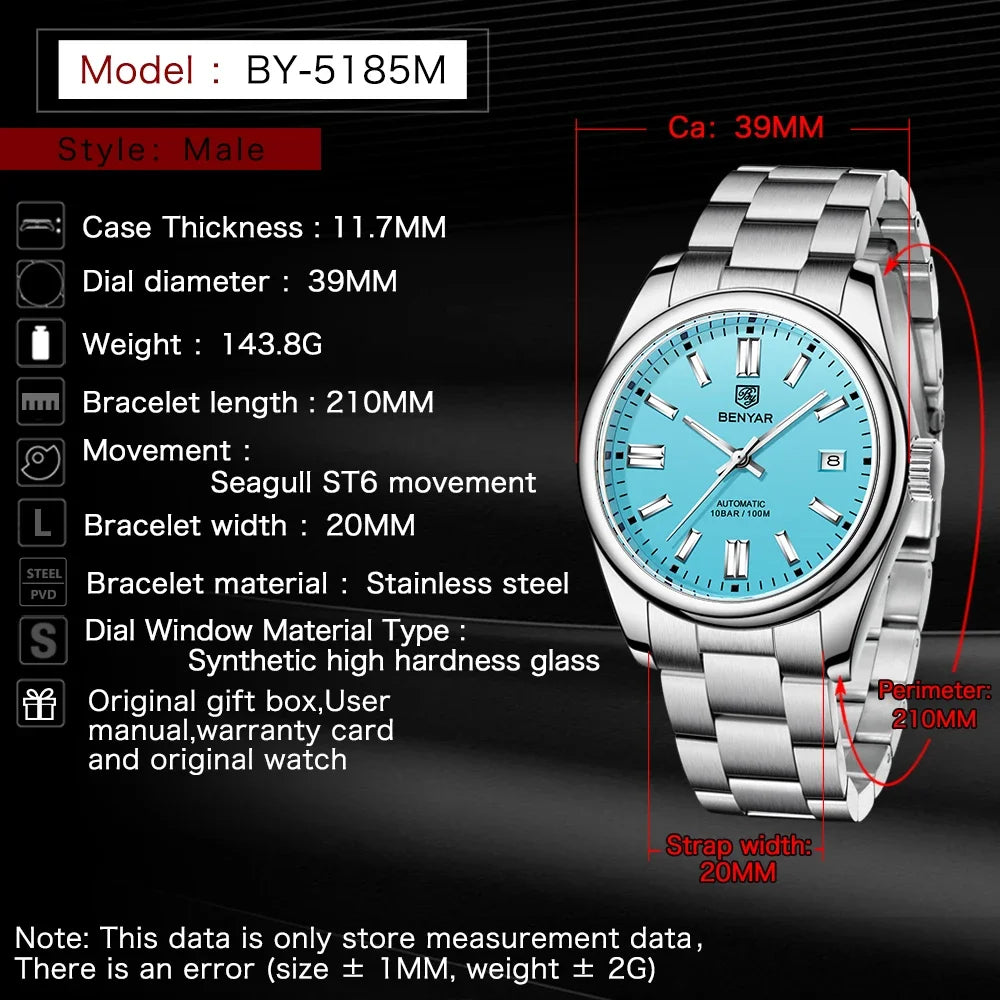 New BENYAR Luxury Automatic Watch 10ATM Waterproof Stainless Steel Men Mechanical Wristwatches Sports Diving Watch for Men Vera Lux