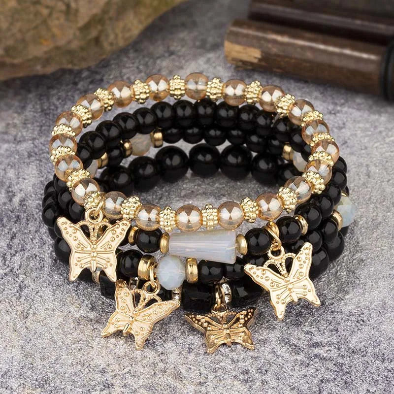 4Pcs Bohemian Butterfly Charm Bracelet Set For Women Crystal Beads Chain Bangle Female Fashion Party Jewelry Gift Vera Lux
