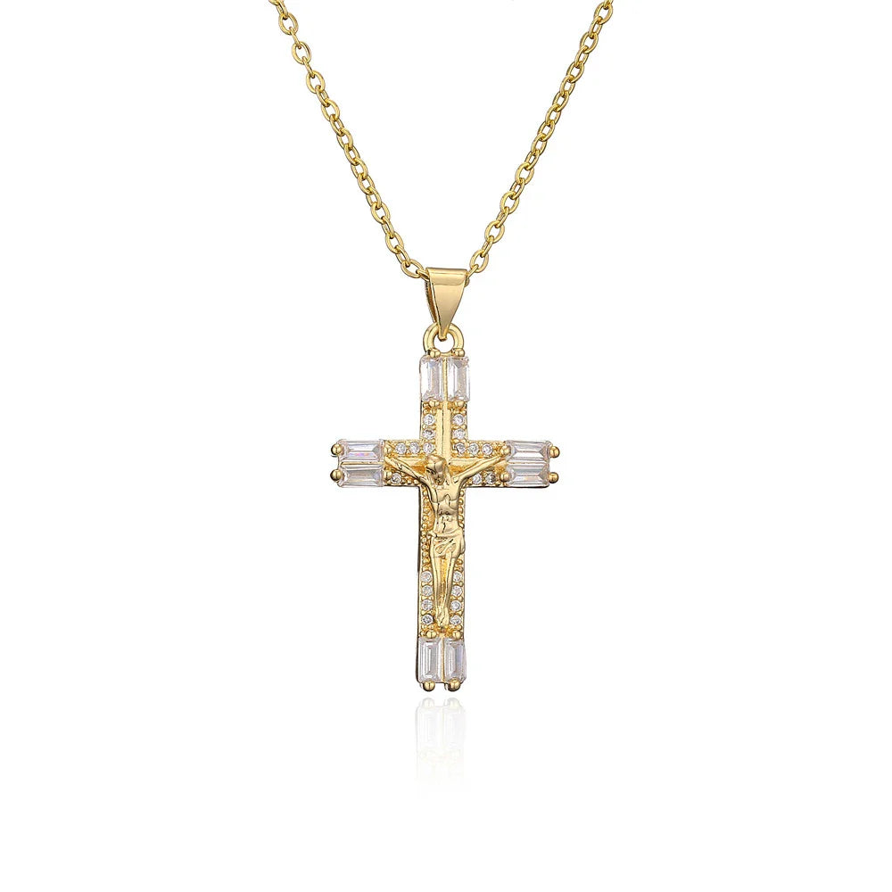 NEWBUY Gold Color Jesus Cross Pendant Stainless Steel Chain Necklace For Women Men Classic Design Christain Jewelry Gift Vera Lux