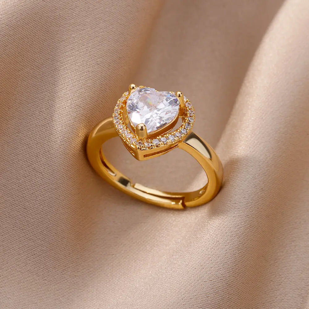 Stainless Steel Heart Rings For Women Zircon Gold Color Heart Adjustable Ring Femme Wedding Party Accessories Jewelry Gift 2024 Vera Lux