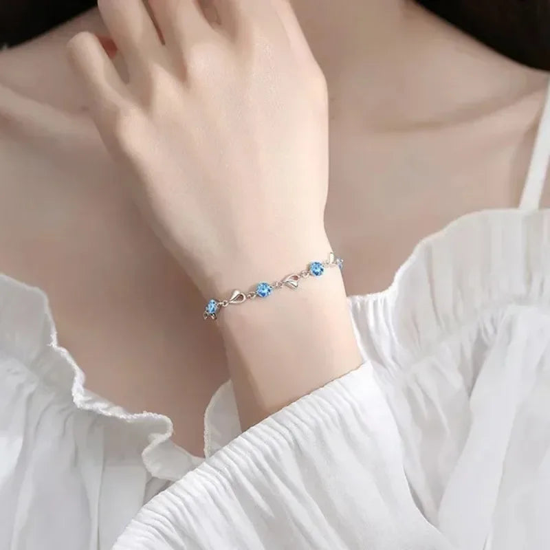 925 Sterling Silver Heart Shaped Necklace Bracelet Set for Women Vintage Korean Blue Crystal Bracelets Jewelry Set Party Jewelry Vera Lux