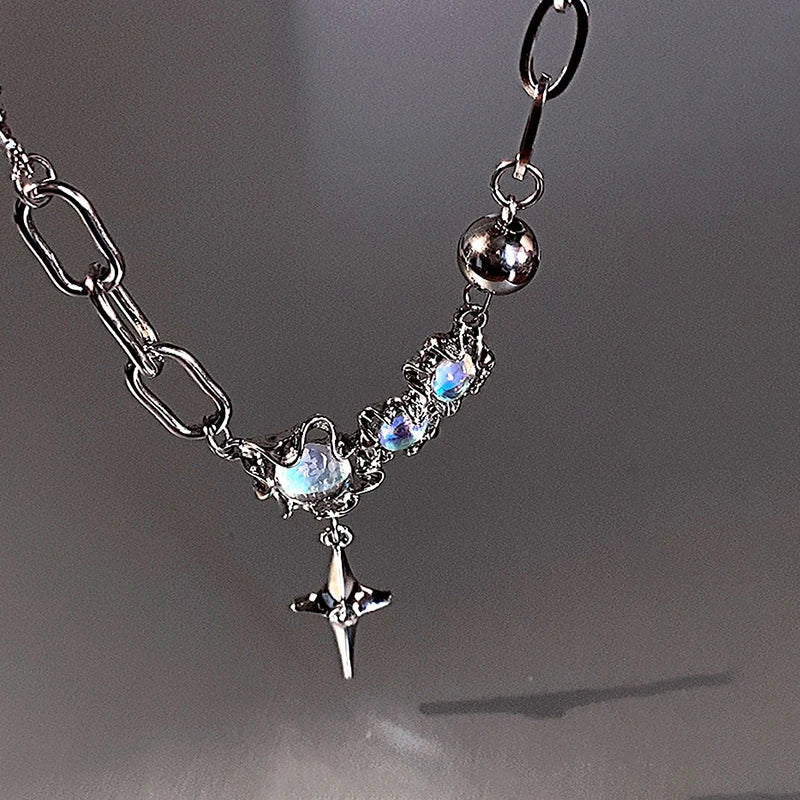 JWER Trendy Bling Moonstone Star Cross Pendant Necklace for Women Punk Hip Hop Star Chain CrystalNecklace Party Y2K Jewelry Gift Vera Lux