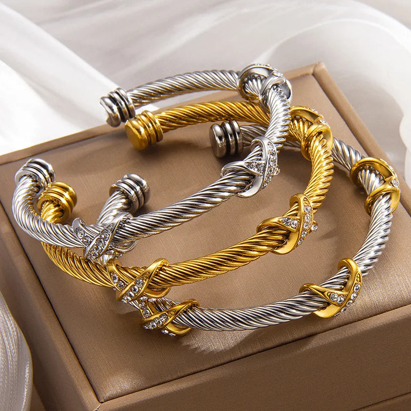 1pcs Stainless Steel 8-shaped Cross Diamond Bracelet Trendy Fashion Versatile Steel Rope Open Bracelet Party Jewelry Gifts Vera Lux