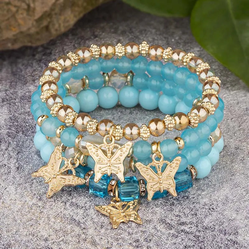 4Pcs Bohemian Butterfly Charm Bracelet Set For Women Crystal Beads Chain Bangle Female Fashion Party Jewelry Gift Vera Lux