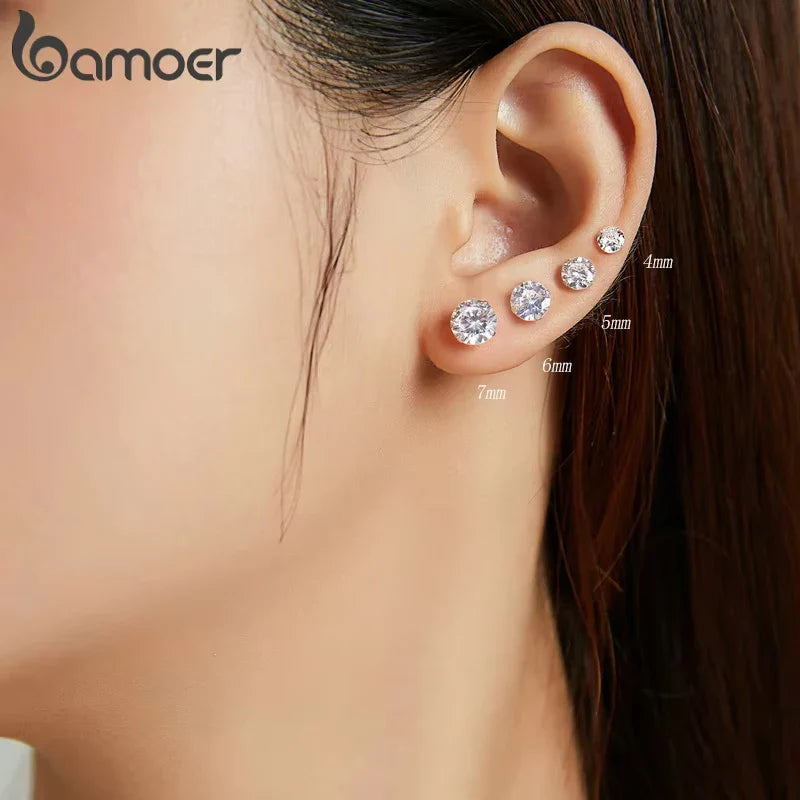 Bamoer CZ Stud Earrings 925 Sterling Silver Platinum Plated Round Cubic Zirconia Hypoallergenic Barbell Earrings 4-7mm Vera Lux