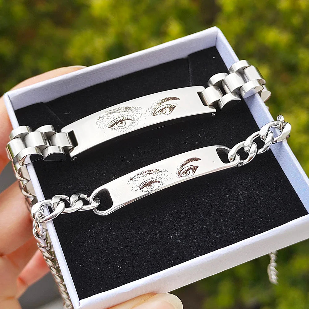 Personalized Eyes Photo Couple Bracelet Laser Engraved Eyes Photo Bracelets Stainless Steel Gifts for Boyfriend Family Father Vera Lux