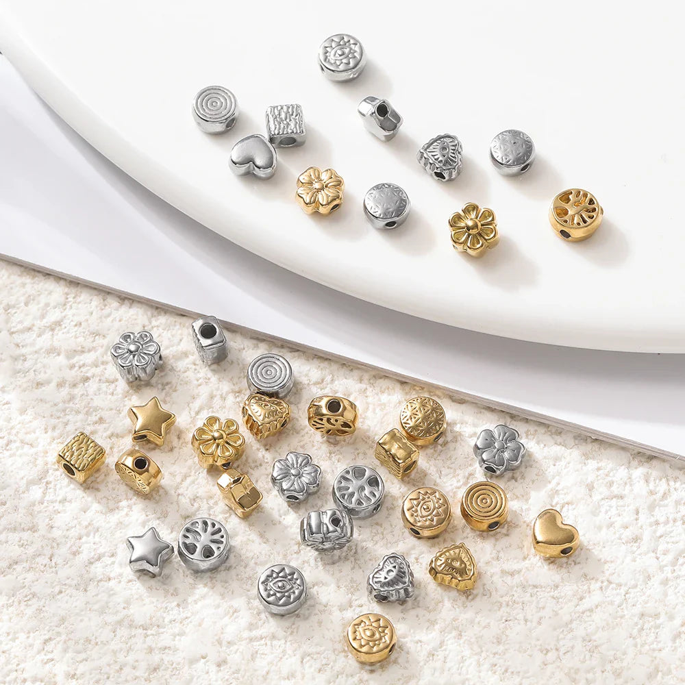 10Pcs/Pack Stainless Steel Various Shape Gold Steel Color Texture Spacer Beads for DIY Bracelet Jewelry Making Accessories Vera Lux