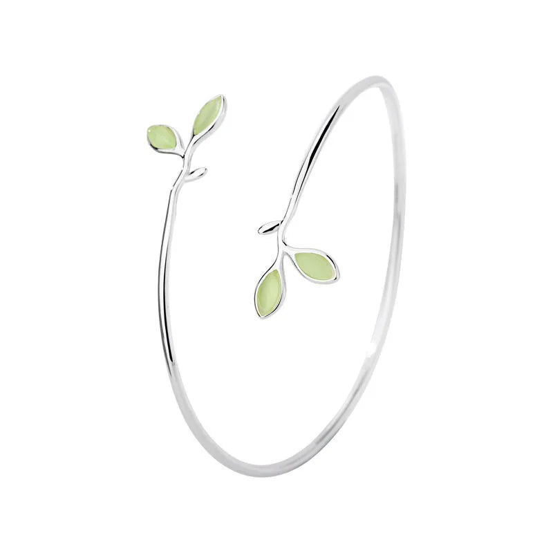 VENTFILLE 925 Stamp Silver Color Bangle for Women Green Opal Leaf Twigs Branch Jewelry Girls' Gift Dropshipping Vera Lux