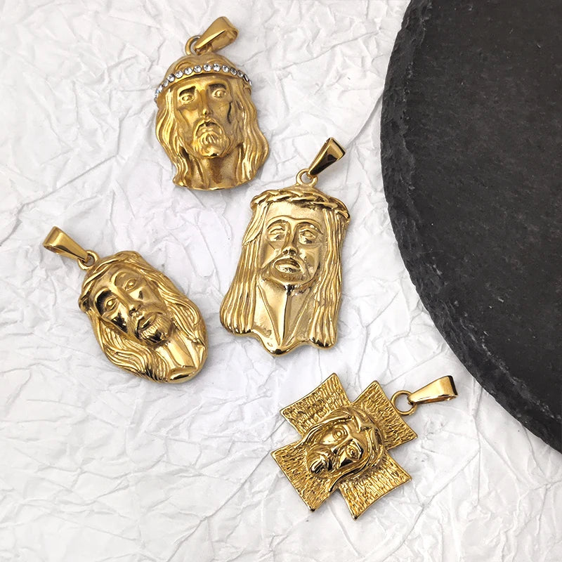 18K Gold Plated Jesus Face Cross Pendant Necklace Religious Charm for Men Women Faith-Inspired Jewelry Christian Gift Vera Lux