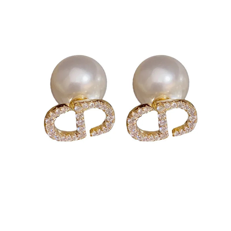 Plated Silver Needle Zircon Letter Pearl Earrings French Luxury Sensation High-End Jewelry Women's Earring Accessor Vera Lux