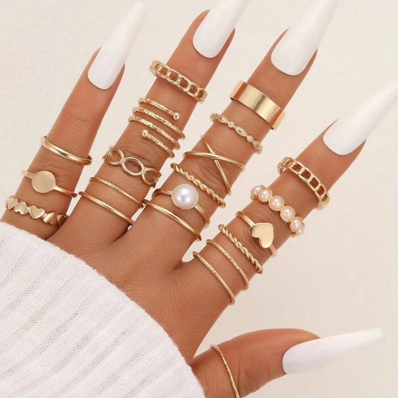 58 Pcs/Set Gold Color Rings Set For Women Men Vintage Hollow Butterfly Pearl Heart Crystal Geometric Rings Trendy Finger Jewelry Vera Lux