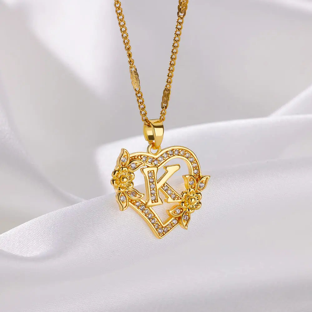 Zircon Flower Heart Initials Necklaces For Women Stainless Steel Heart Lover Gold Color Letter Chain Collar Necklace Jewelry Vera Lux