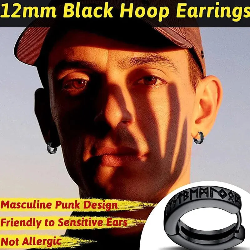 Stainless Steel Norwegian Viking Rune Hoop Earrings For Men Woman Unisex 12 Mm Huggie Hoop Religious Earring Jewelry Vera Lux