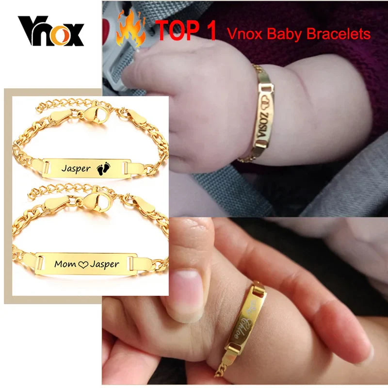 Vnox Personalize Custom Baby Girls Name Bracelet Gold Color Solid Stainless Steel Adjustable Boys Bracelet Gift to New Mom Vera Lux