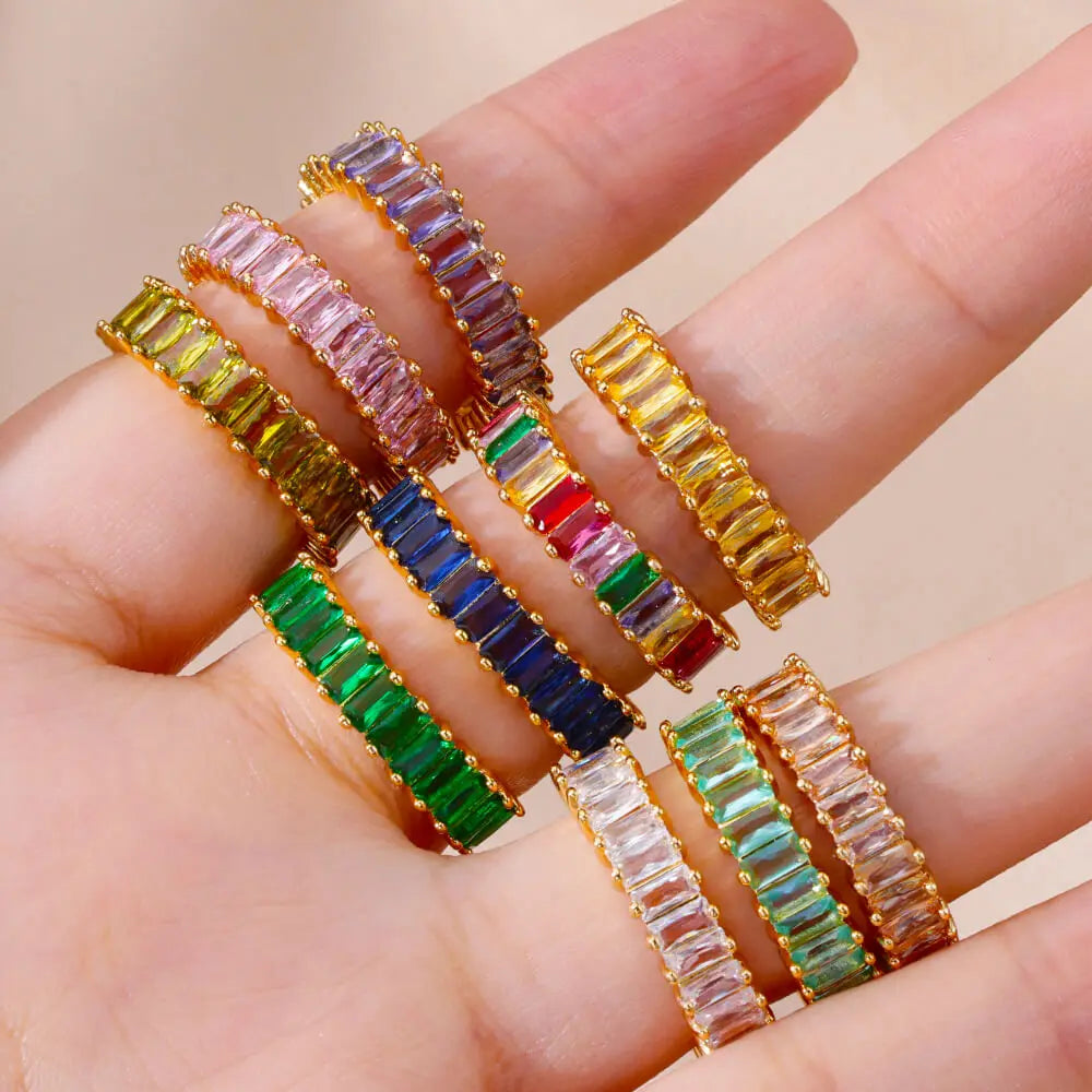 Gold Color Cubic Zircon Rings For Women Open Stainless Steel Green Luxury Crystal Finger Ring Boho Jewelry Wedding Party Gift Vera Lux