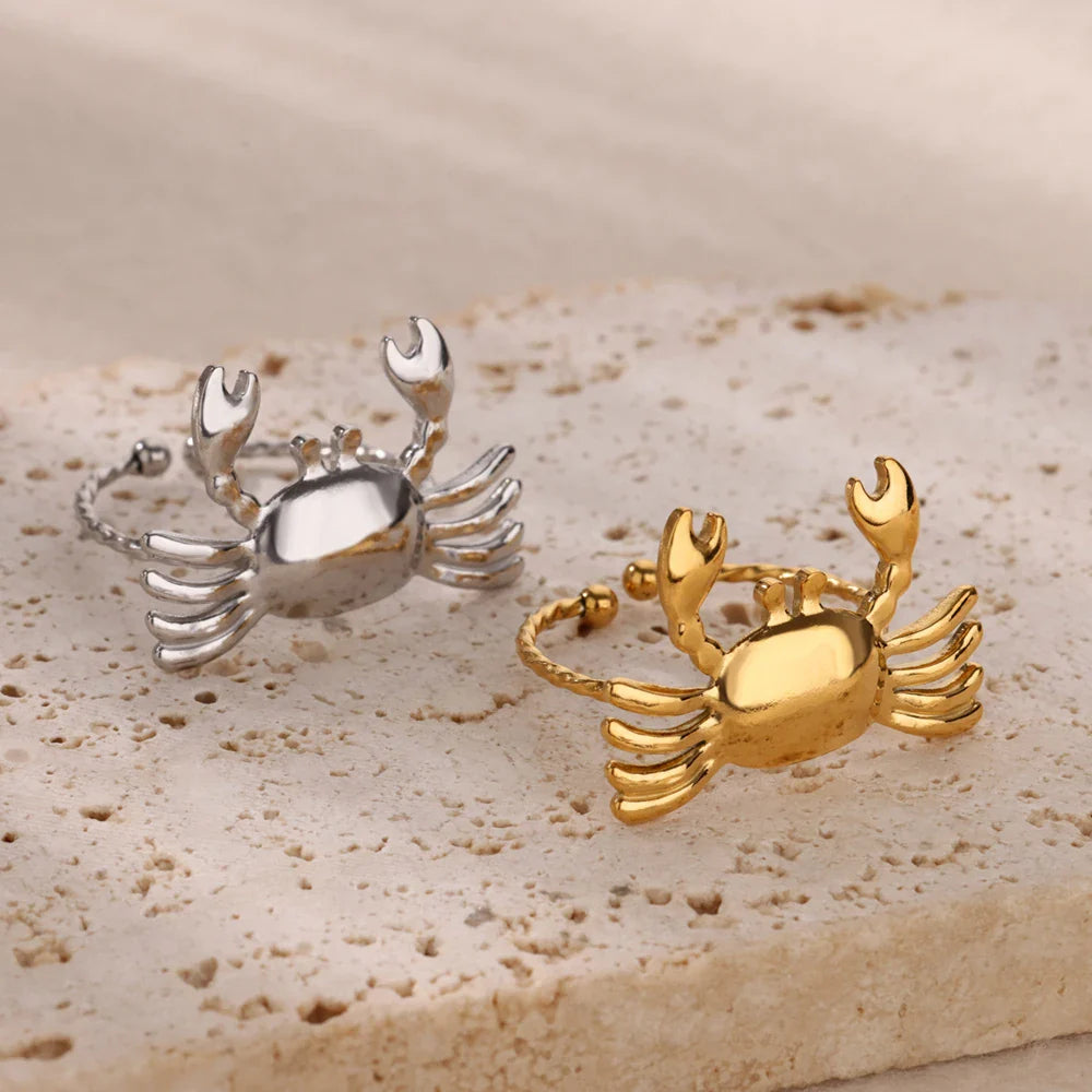 Stainless Steel Crab Rings for Women Gold Color Cute Animal Open Adjustable Ring Aesthetic Fashion Waterproof Jewelry Gift Vera Lux