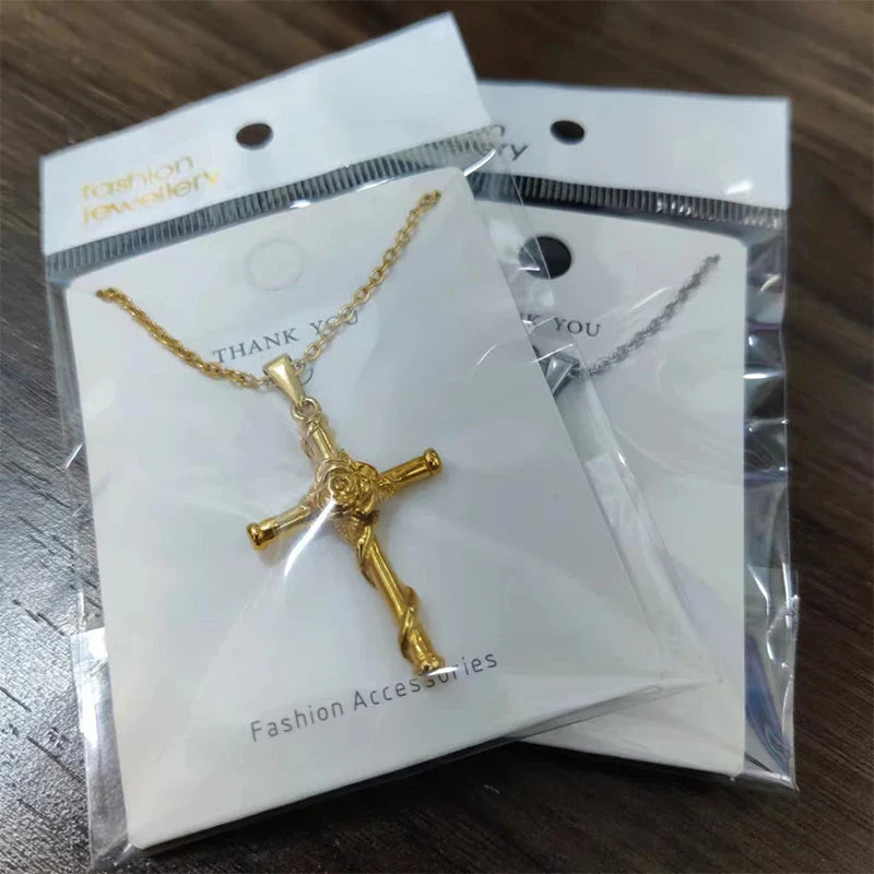 Waterproof Vintage 18k Gold Plated Stainless Steel Charm Rose Cross Pendant Necklace For Men Women Jewelry Gift Vera Lux