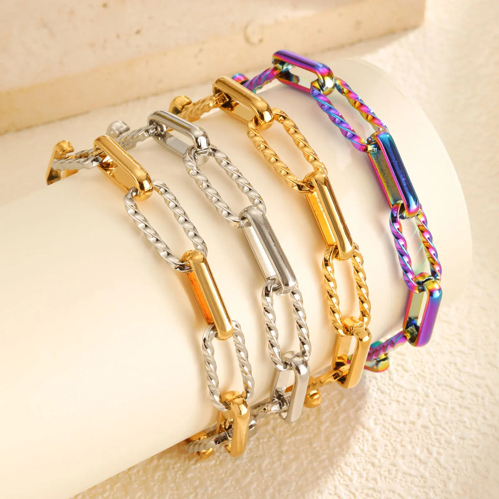 Two Tone Twist Link Paperclip Bracelet for Women, Chunky Stainless Steel Bracelet Adjustable Link, 18k Gold Plated Jewelry Vera Lux