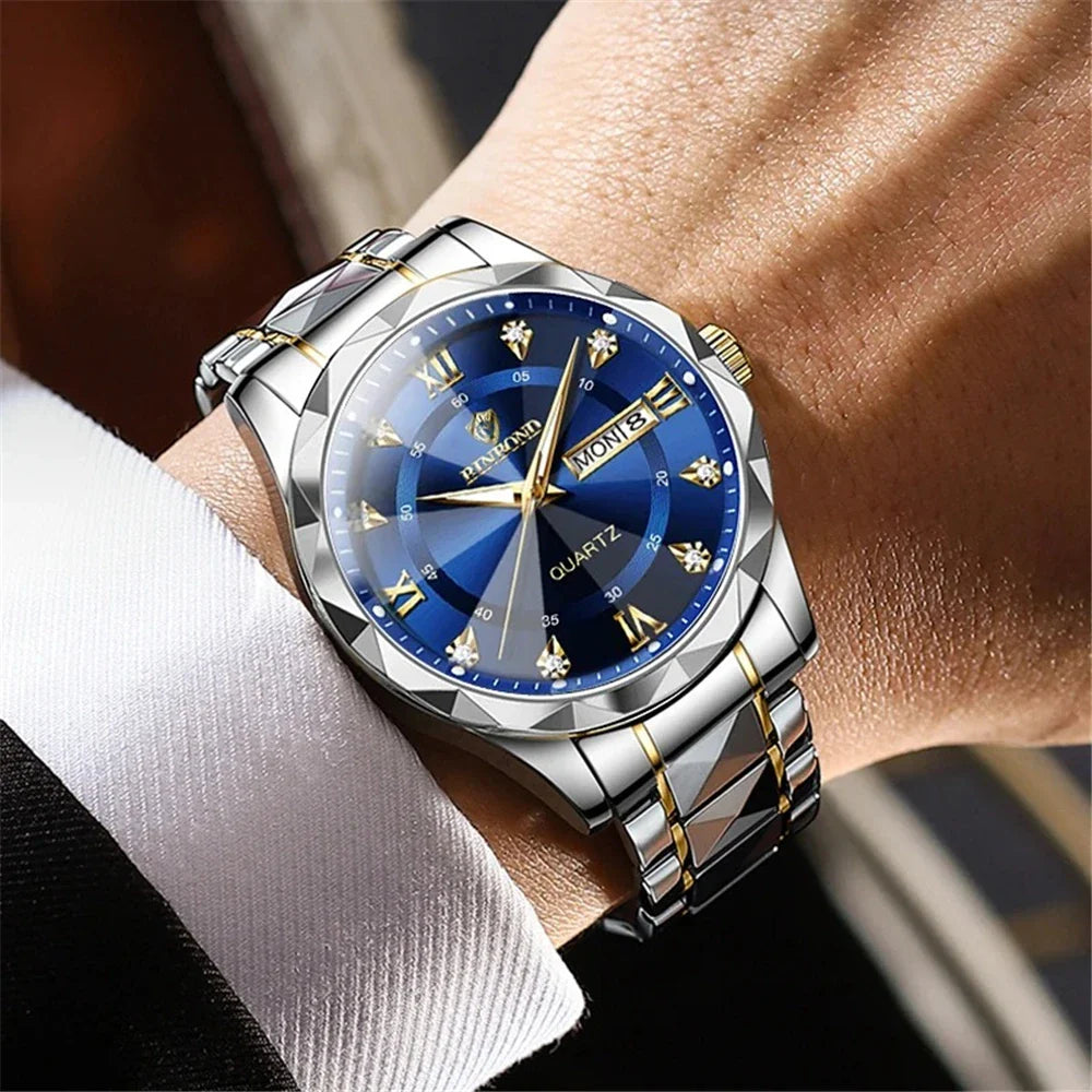 New Gold Business Leather Casual Diamond Clock Men Luxury Watch Automatic Watches Mens Fashion Quartz Wristwatches Orologi Uomo Vera Lux