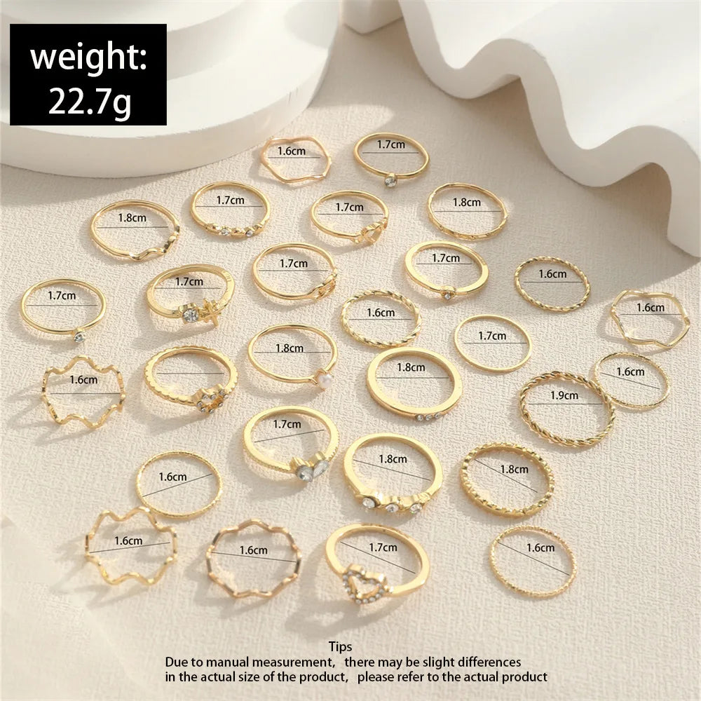 Fashion Simple Wave Joint Rings Set For Women Crystal Heart Shape Gold Silver Color Ring Female Party Jewelry Vera Lux
