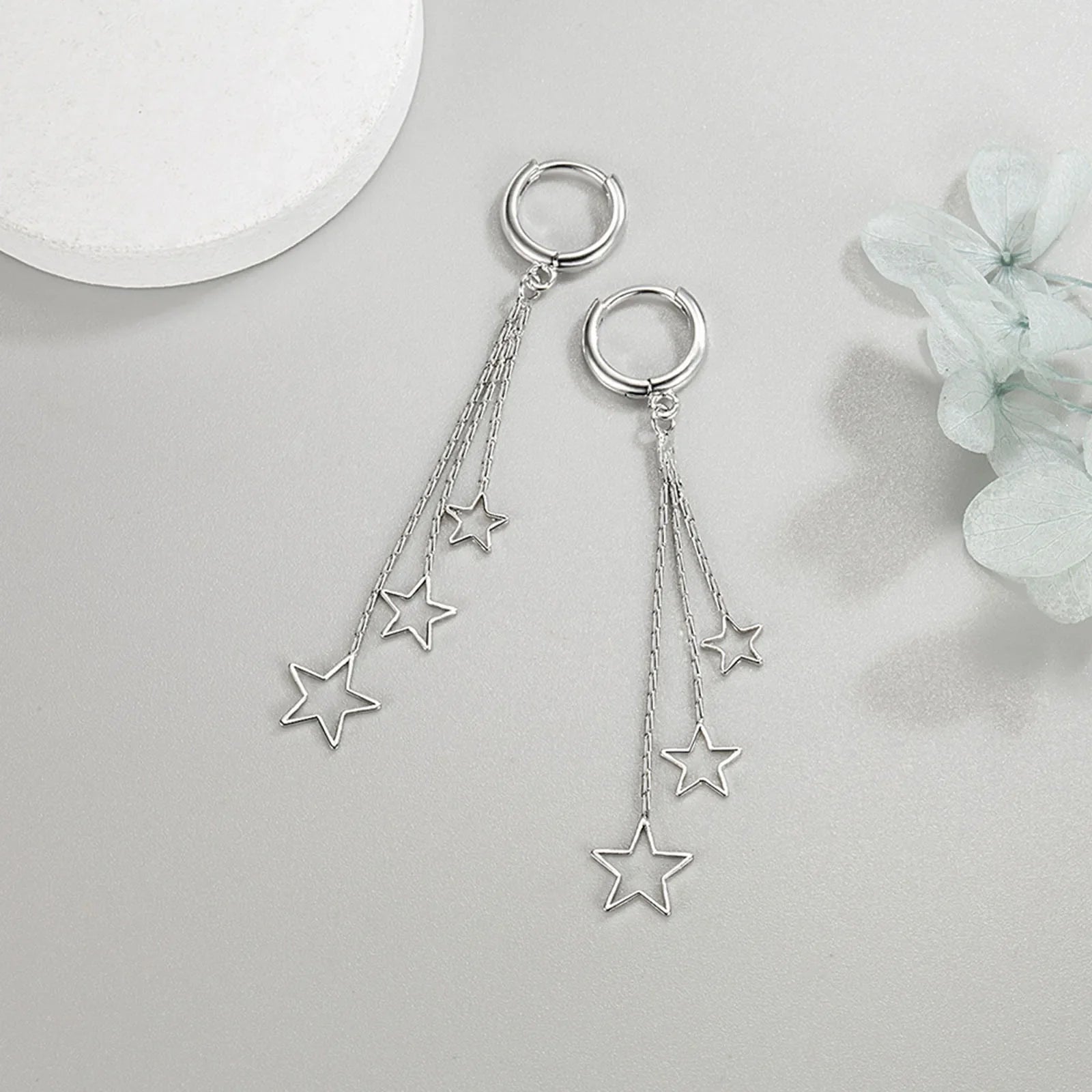 Elegant Popular Three Stars Hoop Earrings For Women 925 Sterling Silver Party Jewelry Beautiful Long Tassel EarringElegant Vera Lux
