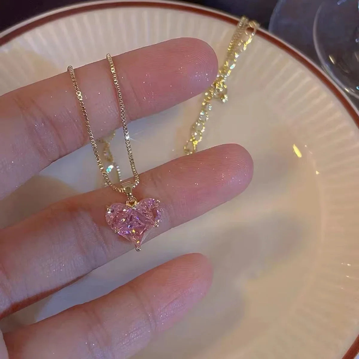 3pcs Trendy Y2k Heart-shaped Zircon Pink Crystal Pendant Earrings Necklaces Set for Women Heart Elegant Exquisite Party Jewelr Vera Lux