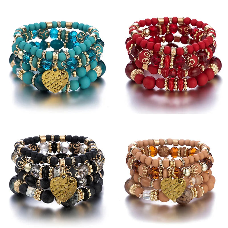 4Pcs Boho Crystal Beads Chain Bracelet Set For Women Vintage Heart Charm Elastic Bangle Female Fashion Party Jewelry Vera Lux