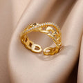 Fashion Gold Color Stainless Steel Rings For Women Chain Hollow Out Crystal Zircon Finger Ring Jewelry 2023 Gift anillos mujer Vera Lux