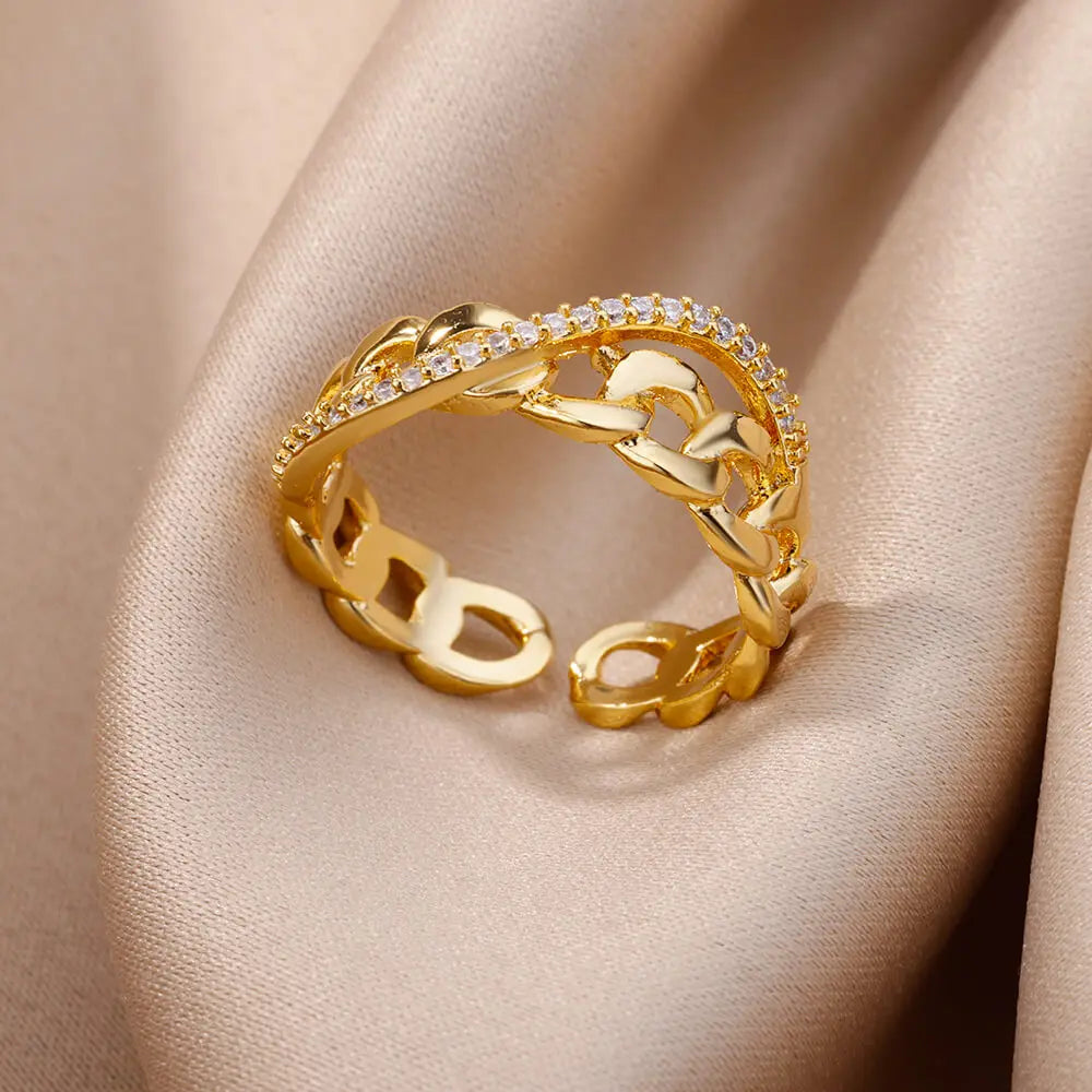 Fashion Gold Color Stainless Steel Rings For Women Chain Hollow Out Crystal Zircon Finger Ring Jewelry 2023 Gift anillos mujer Vera Lux