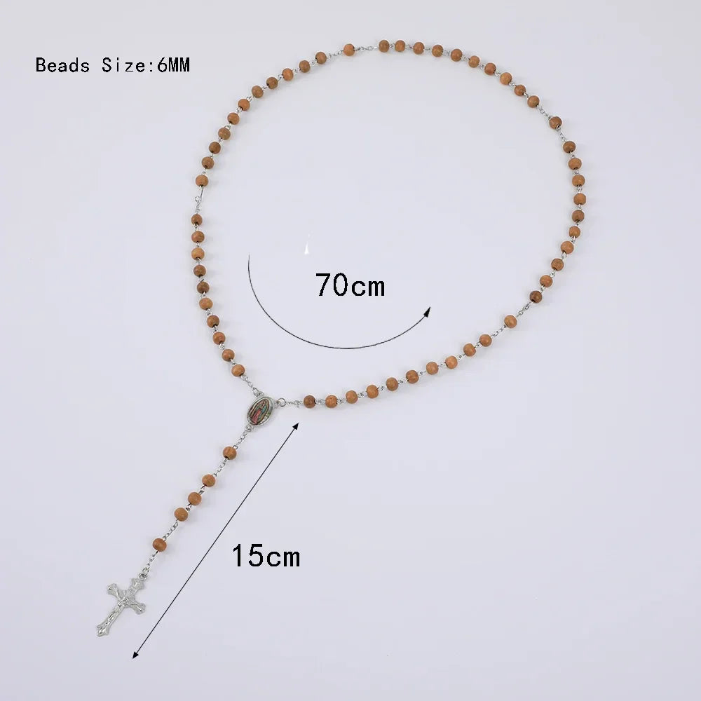 Wood Rosary Necklace For Women 6MM Wooden Prayer Beads Long Chain Religious Virgin Mary Cross Pendant Men Party Jewelry Gift Vera Lux