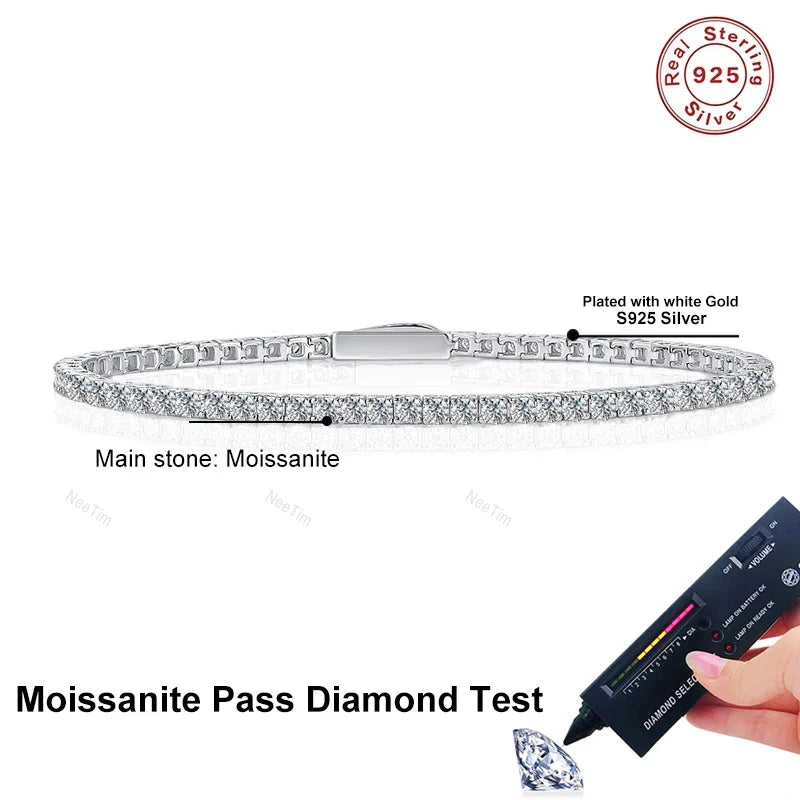 NeeTim 2mm 2.5mm 3mm 4mm Moissanite Tennis Bracelet 925 Sterling Silver with White Gold Plated Bracelets for Women Man Wholesale Vera Lux