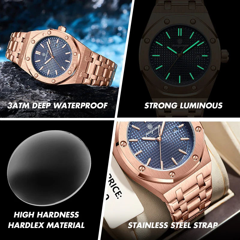PAAZOMU High Quality Original Men Clock Waterproof Luminous Date Luxury Man Watch Stainless Steel Quartz Men's Watches Male+Box Vera Lux