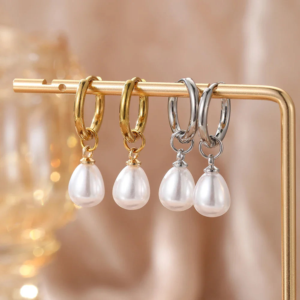 Stainless Steel Teardrop-Shaped Imitation Pearl Pendant Earrings Women's Everyday Commute Elegant Style Ear Jewelry Accessories Vera Lux