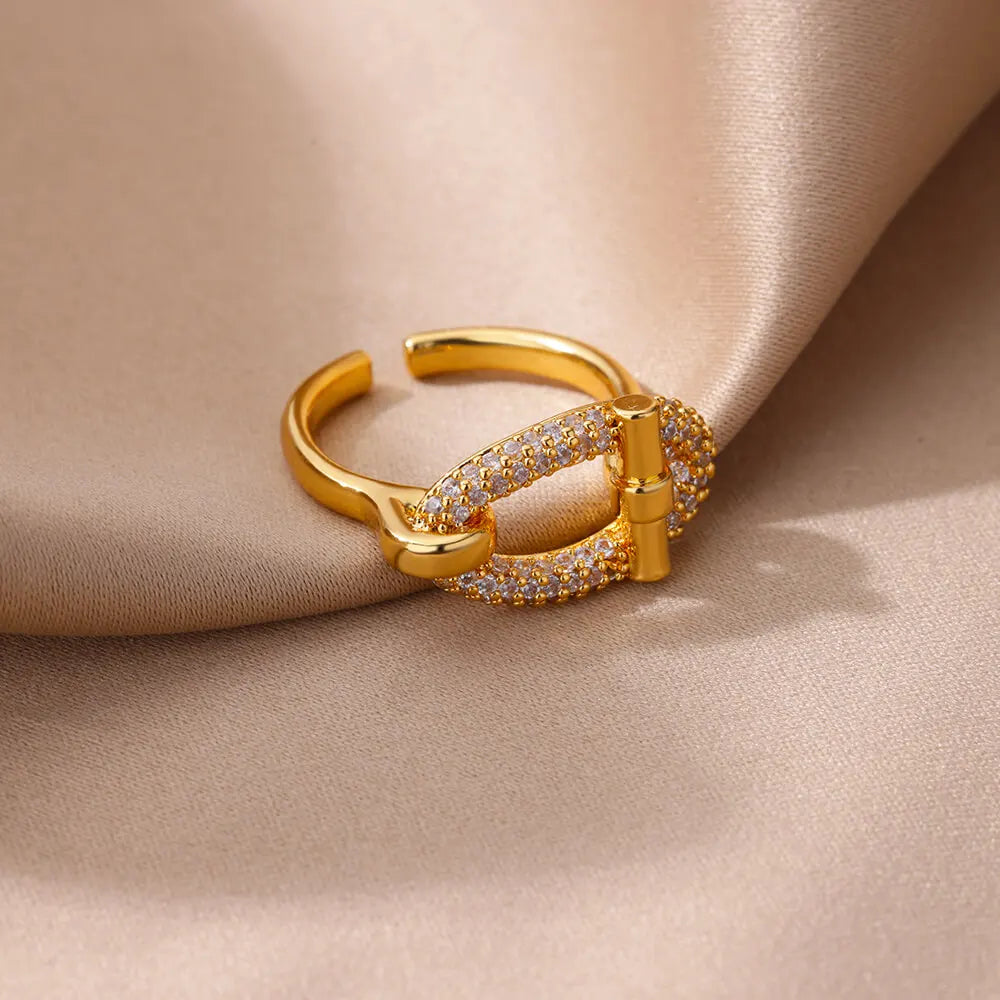 Stainless Steel Oval Hollow Zircon Open Rings For Women Gold Color Trendy Wedding Aesthetic Ring Summer Jewelry Accessories BFF Vera Lux