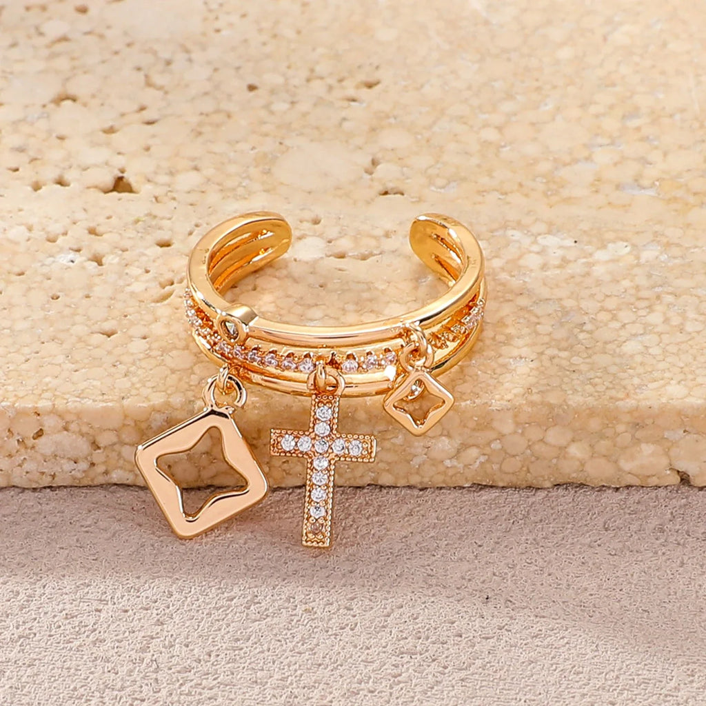 Nwe 18 K Gold Plated Sun Rings for Women Natural Stone Inlaid in Hollow Metal Texture Ring Trendy Jewelry Vera Lux