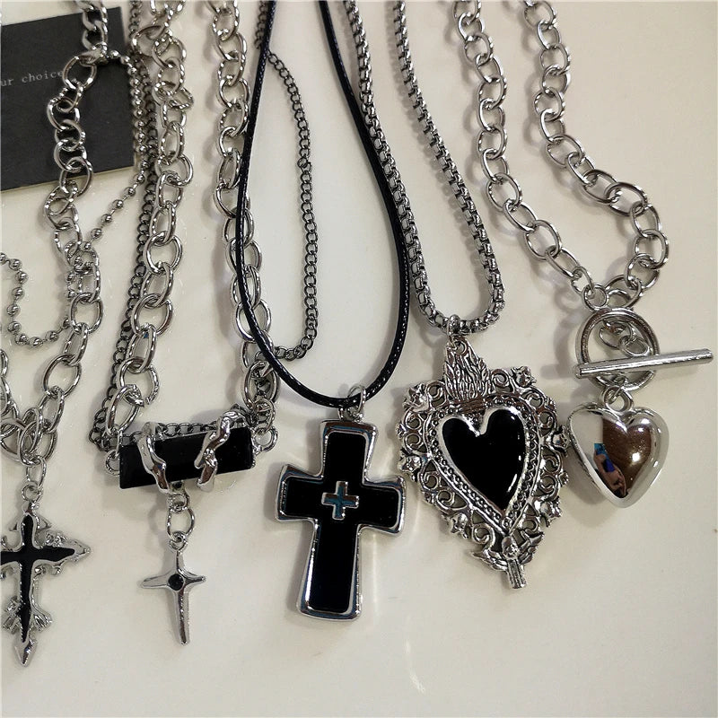 Punk Rock Black Heart Cross Pendant Chain Necklace For Men Women Cool Hip Hop Street Vintage 90s Y2K Grunge Goth Accessories Vera Lux