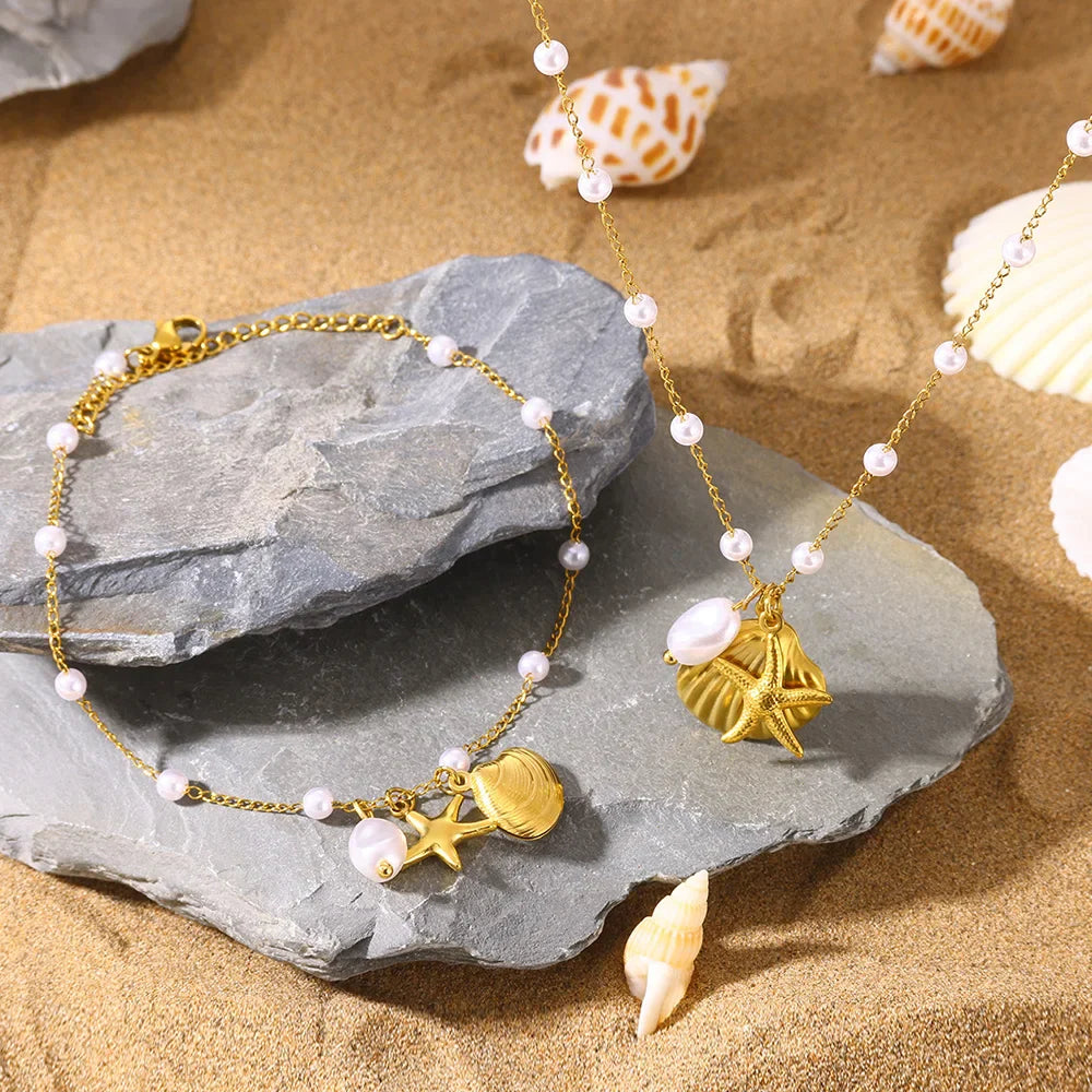 Freshwater Pearl Jewelry Set Shell Starfish Star Necklace Anklet Sets For Women Fashion Stainless Steel Chain Party Daily Gifts Vera Lux