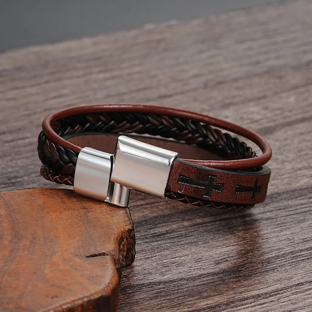 Fashion Cross Leather Rope Bracelet for Men Vintage Woven Leather Bracelet Punk Metal Magnet Buckle Personality Bracelet Jewelry Vera Lux