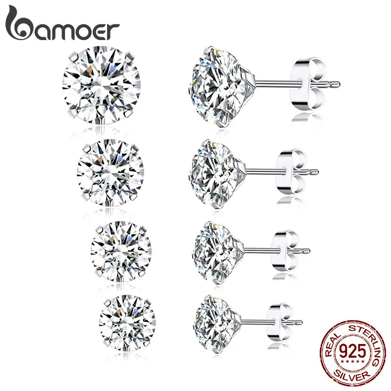 Bamoer CZ Stud Earrings 925 Sterling Silver Platinum Plated Round Cubic Zirconia Hypoallergenic Barbell Earrings 4-7mm Vera Lux