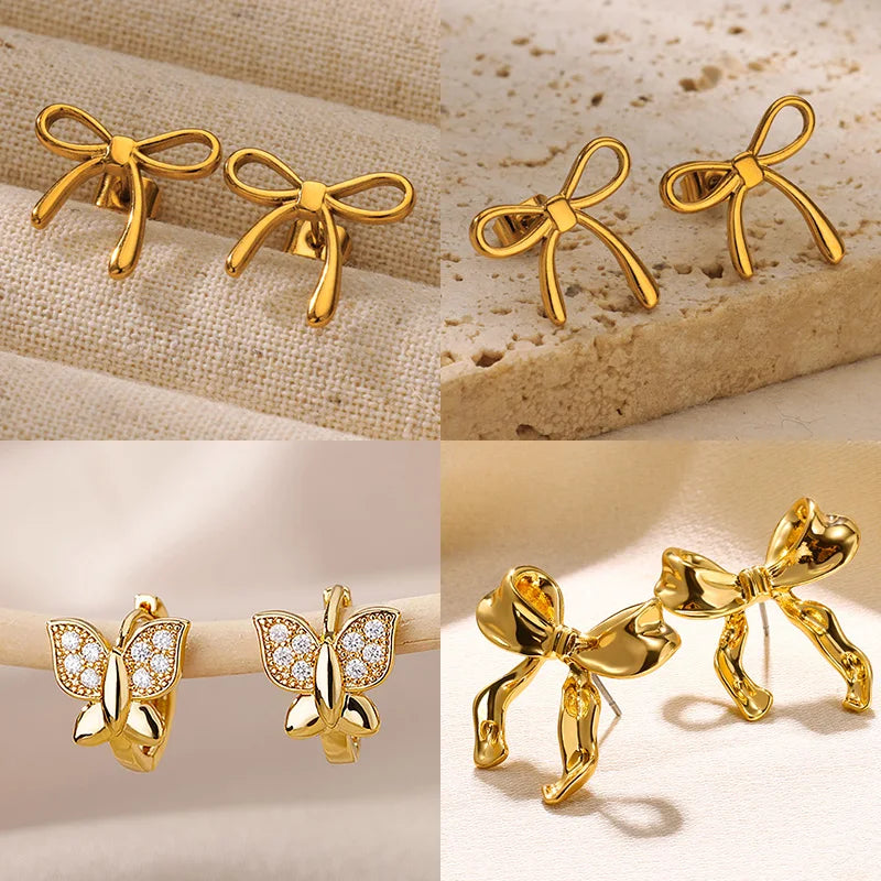 Stainless Steel Thin Bowknot Earrings For Women Gold Color Aesthetic Earring Wedding Christmas Fashion Jewelry Accessories Vera Lux