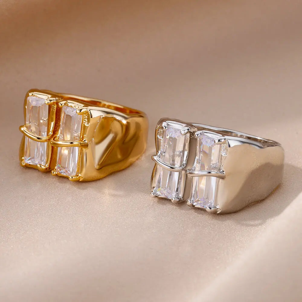 Irregular Square Zircon Ring For Women Stainless Steel Gold Plated Opening Ring Wedding Party Fashion Jewerly Gift Free Shipping Vera Lux