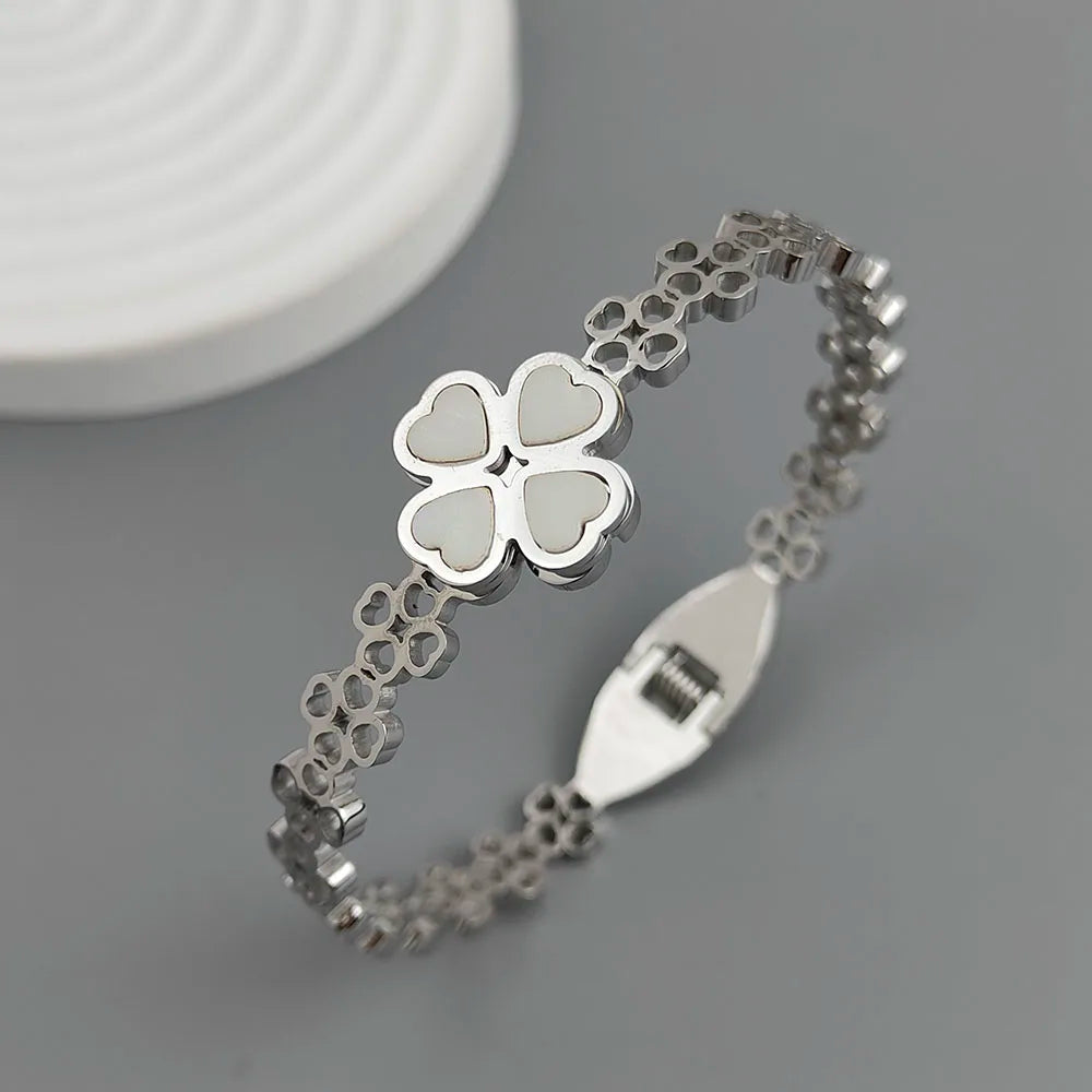 New four-leaf clover white shell stainless steel gold-plated bracelet 18K, high quality waterproof couple bracelet, wife gift Vera Lux
