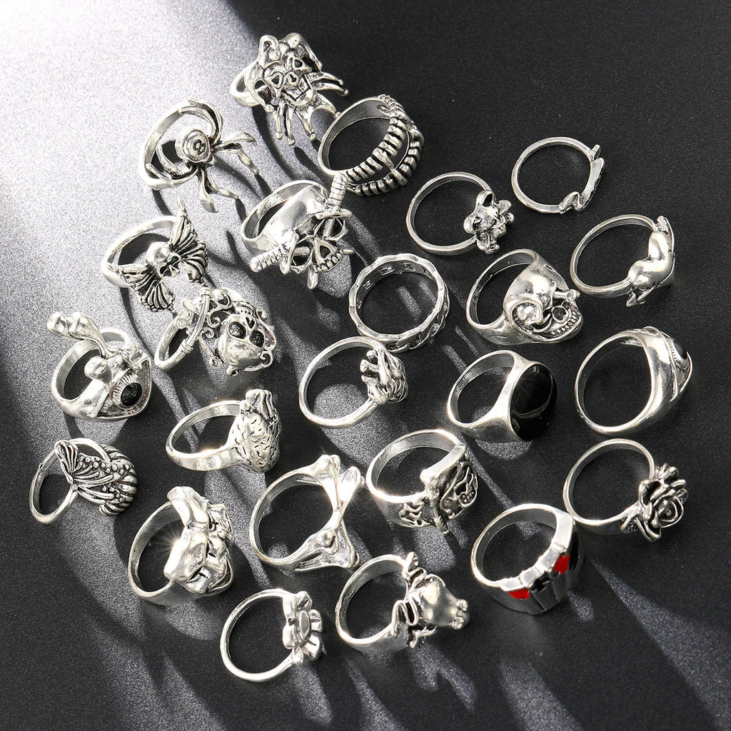 24 Pcs Gothic Skeleton Unisex Ring Set Punk Grunge Butterfly Frog Woman Man Jewelry Hip Hop Party Street Ring Accessories Gift Vera Lux