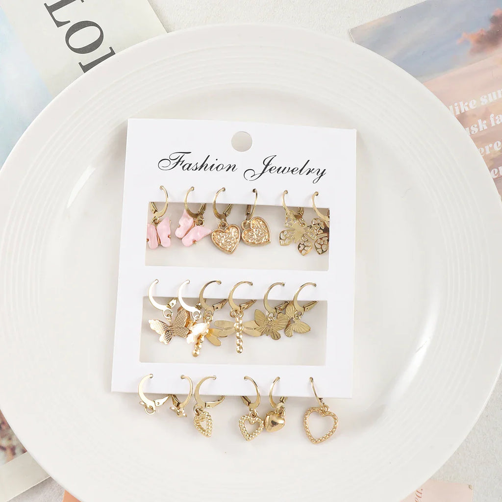 9 Pairs/ Set Exquisite Butterfly Heart Dragonfly Design Dangle Earrings Simple Vacation Style Delicate Holiday Earrings Vera Lux