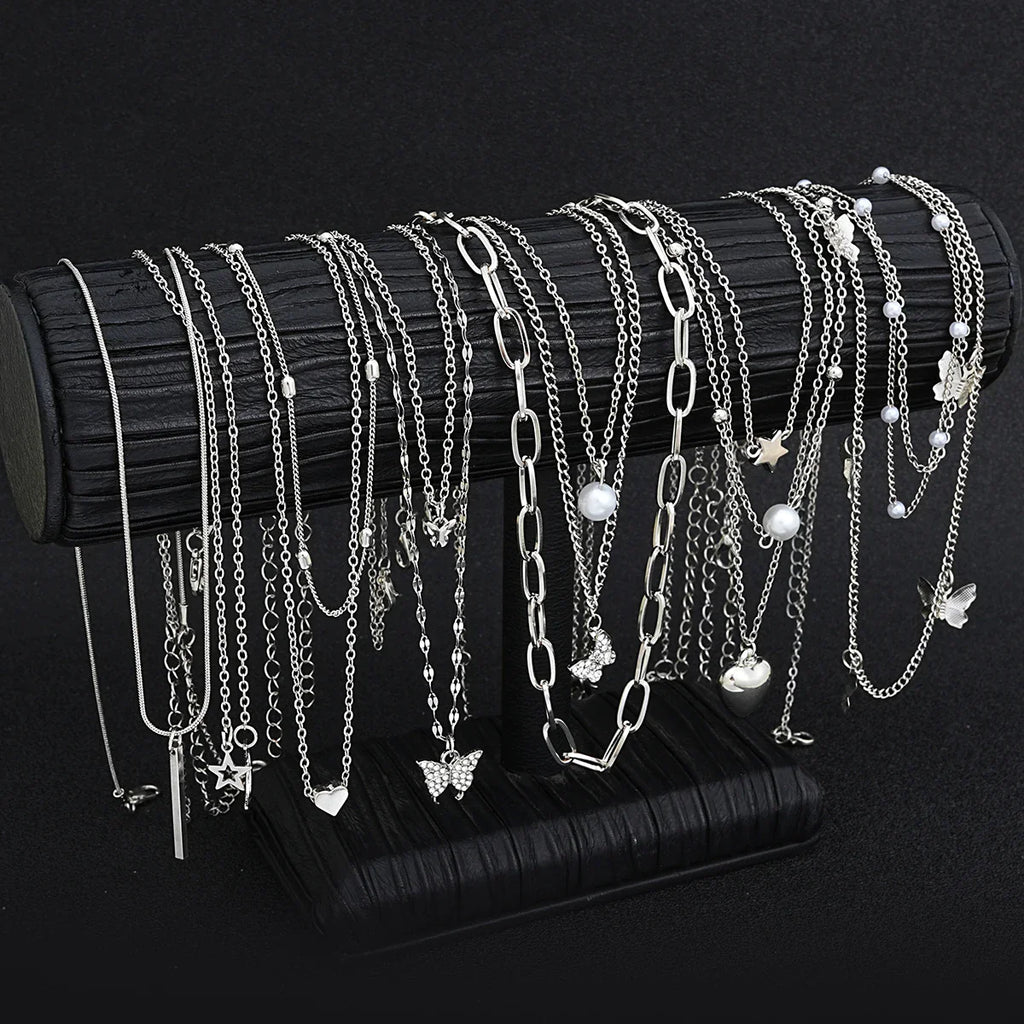 13Pcs/Set Simple Temperament Necklace Set Butterfly Pearl Heart Star Zircon Silver Color Necklace for Women Fashion Jewelry Gift Vera Lux