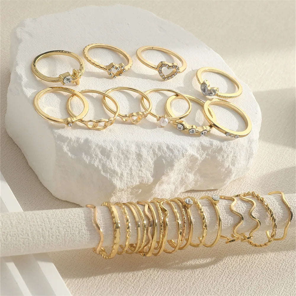 Fashion Simple Wave Joint Rings Set For Women Crystal Heart Shape Gold Silver Color Ring Female Party Jewelry Vera Lux