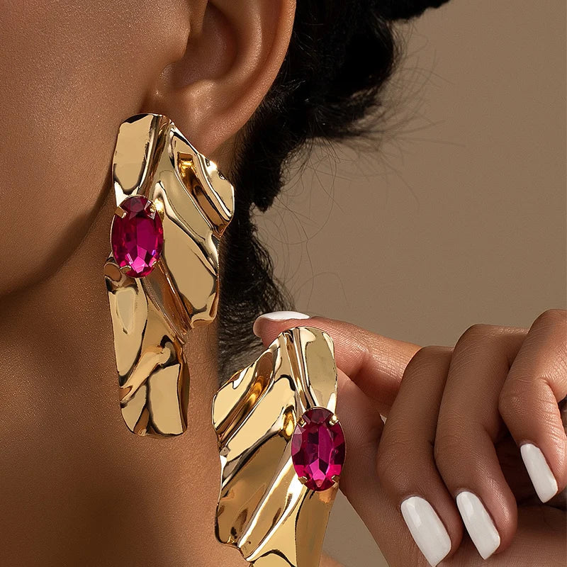 Obega Geometric Fuchsia Stone Earrings  Warm Gold Color Flower Shape Women Earring Stud Party Beach Jewelry For Girls Vera Lux