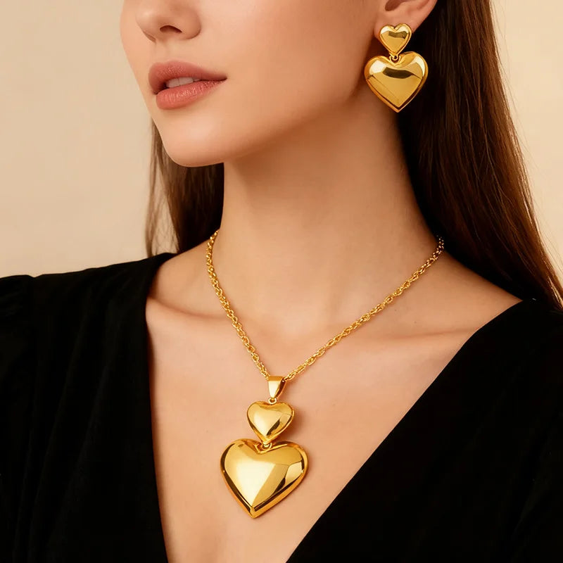Gold Color Heart Shape Metal Pendant Earrings Sets 24K Gold Plated Simple Fashion Love Collarbone Chain Exquisite Holiday Gifts Vera Lux